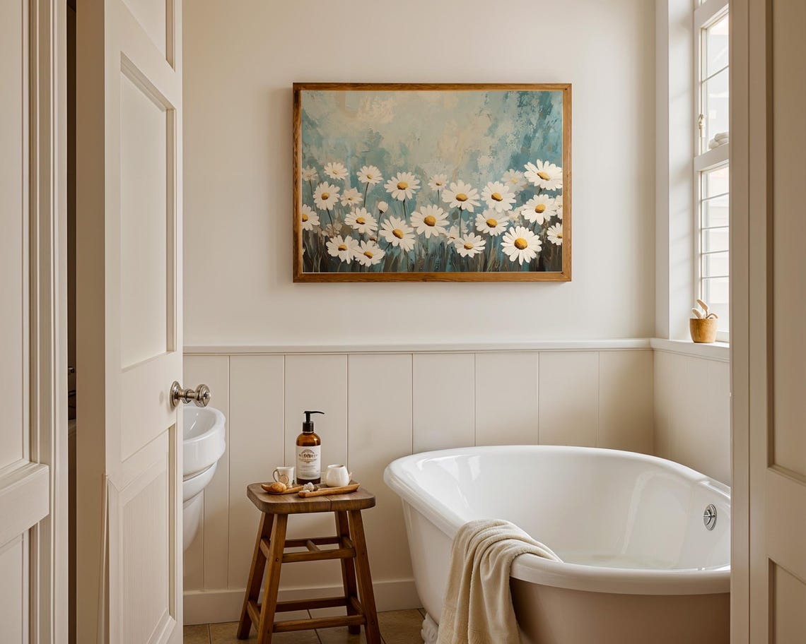 White Daisies Teal Textured Background Floral Oil Painting Poster - Image 3