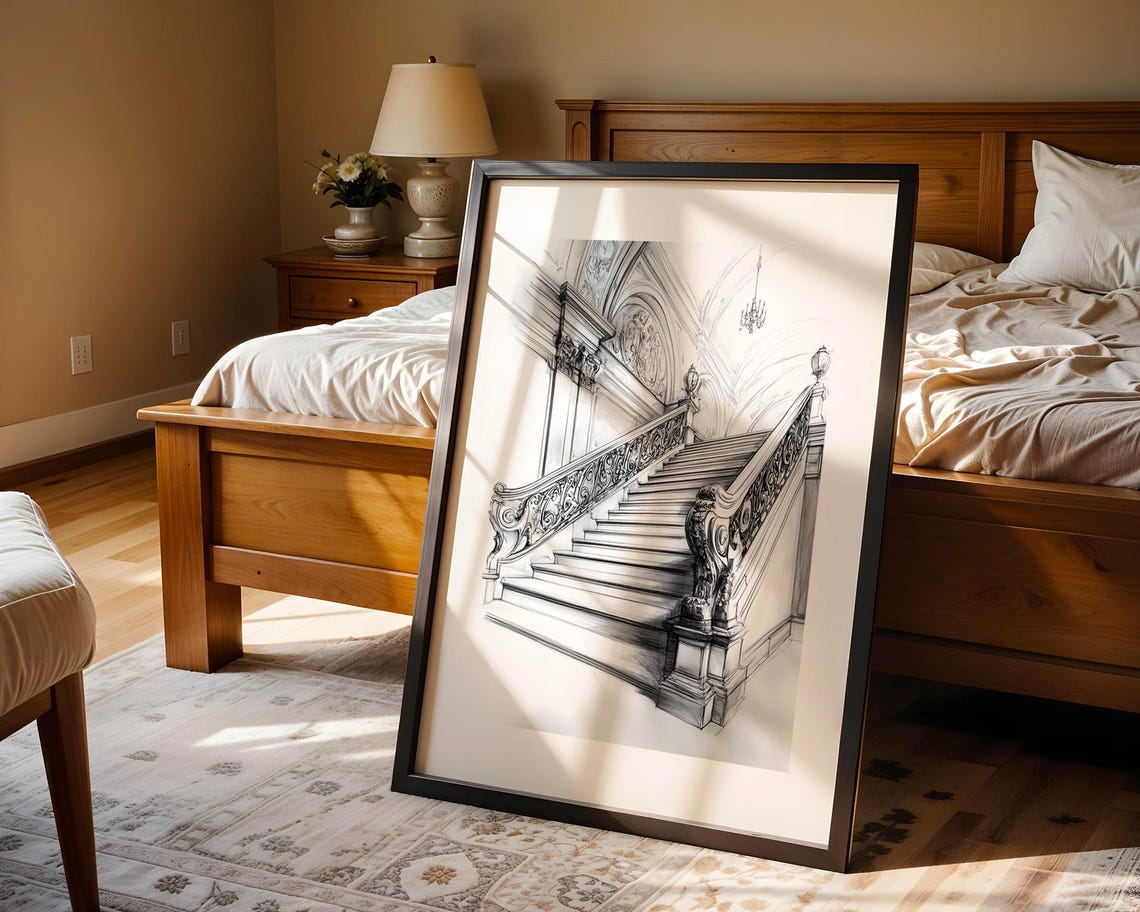 Grand Ornate Staircase Pencil Sketch Wall Art Architectural Interior Poster For Living Room Office Study Decor - Image 4