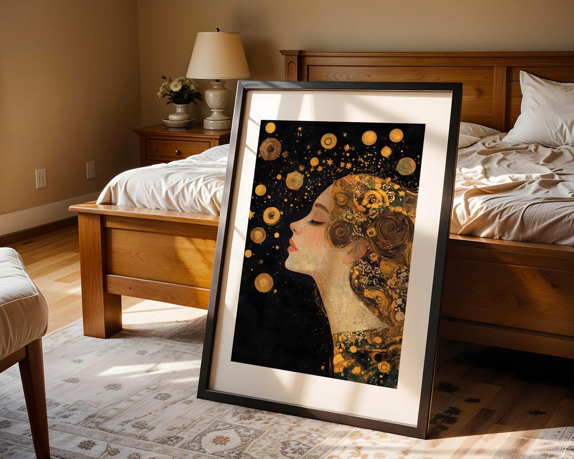 Dreamy Cosmic Goddess Portrait Golden Stars Ethereal Wall Art