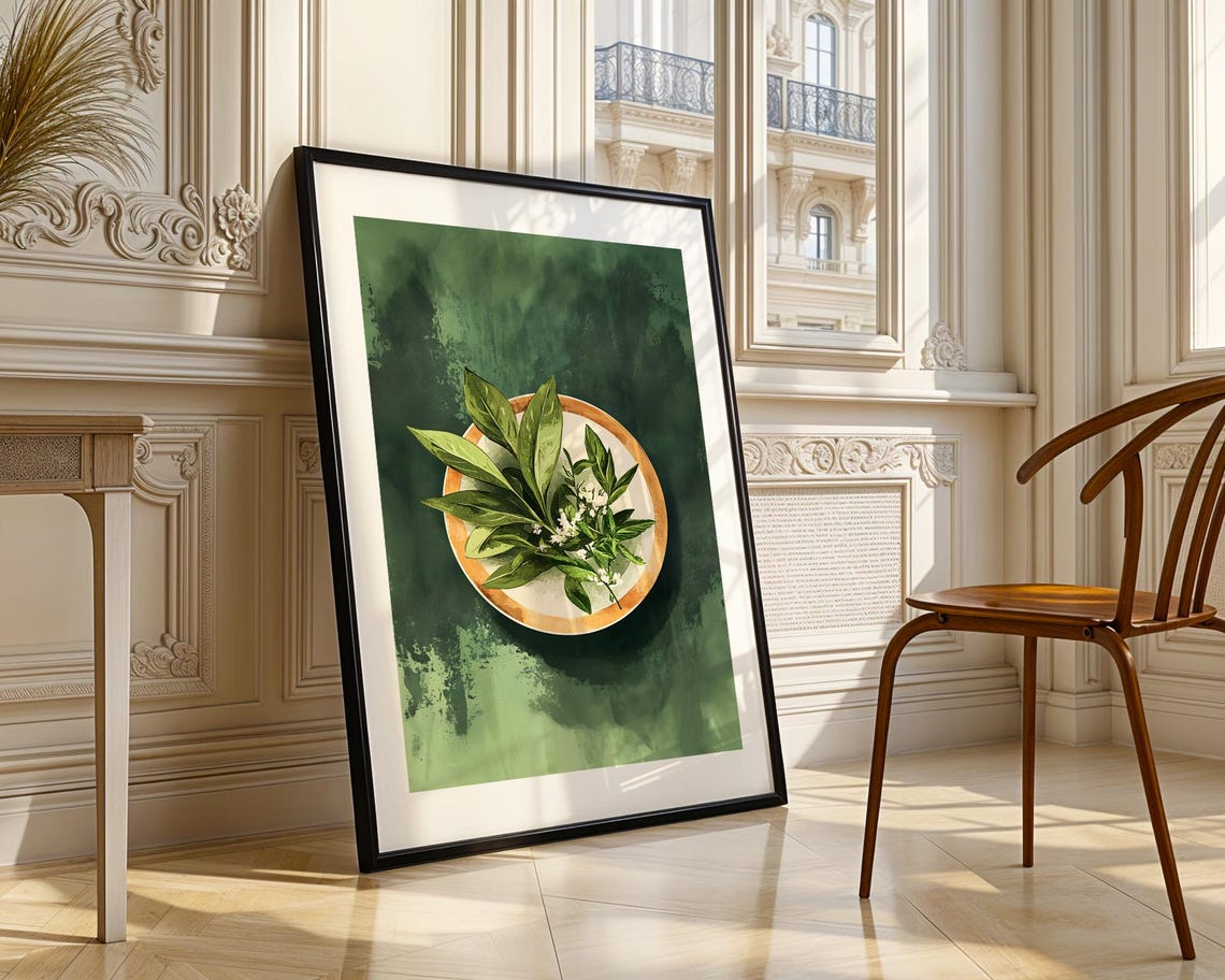Green Leafy Plant Copper Bowl Overhead Botanical Still Life Wall Art