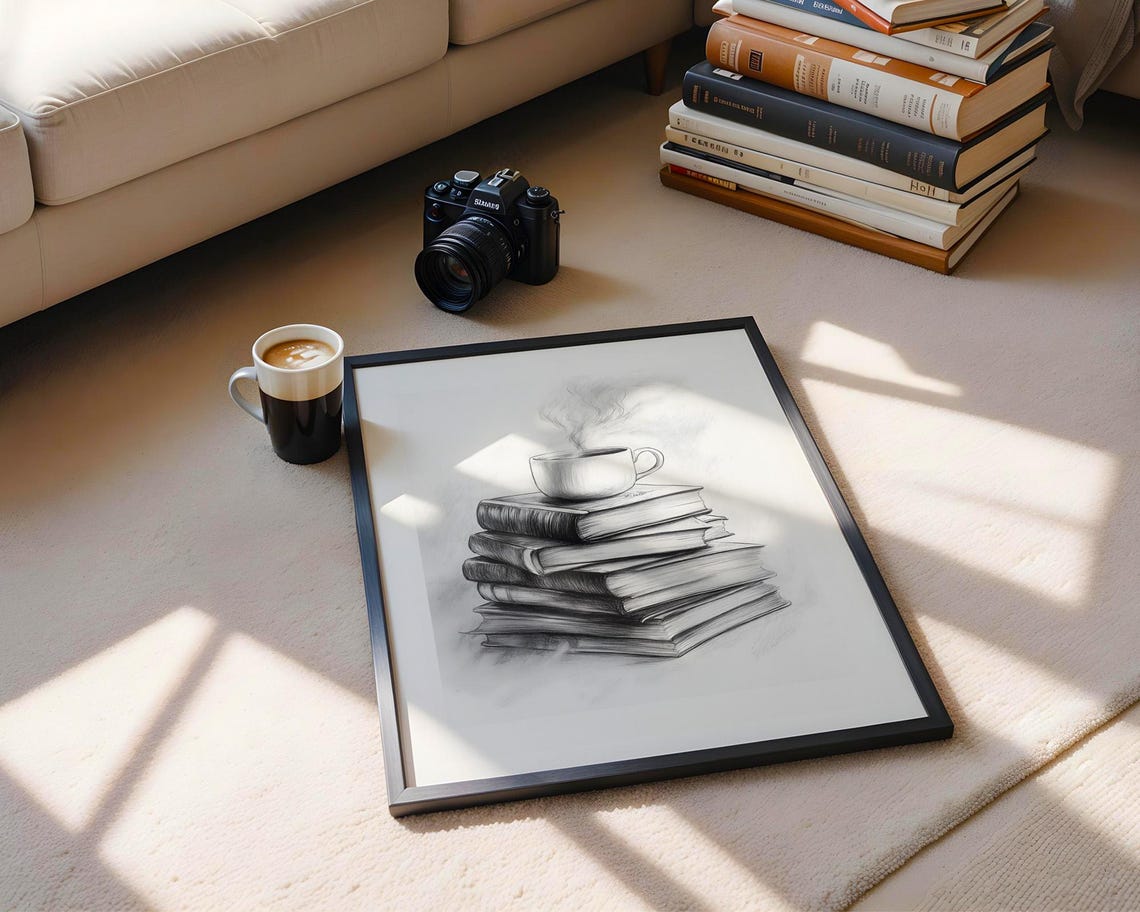 Stack of Books with Steaming Coffee Cup Pencil Sketch Poster - Image 5