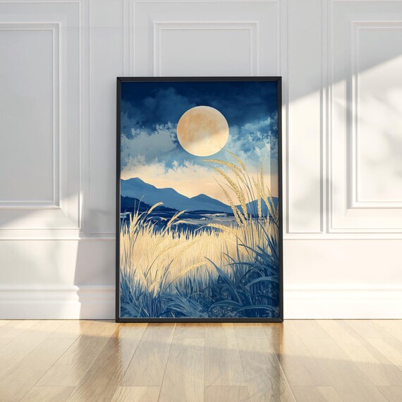 Golden Full Moon Over Night Wheat Field Blue Mountain Poster