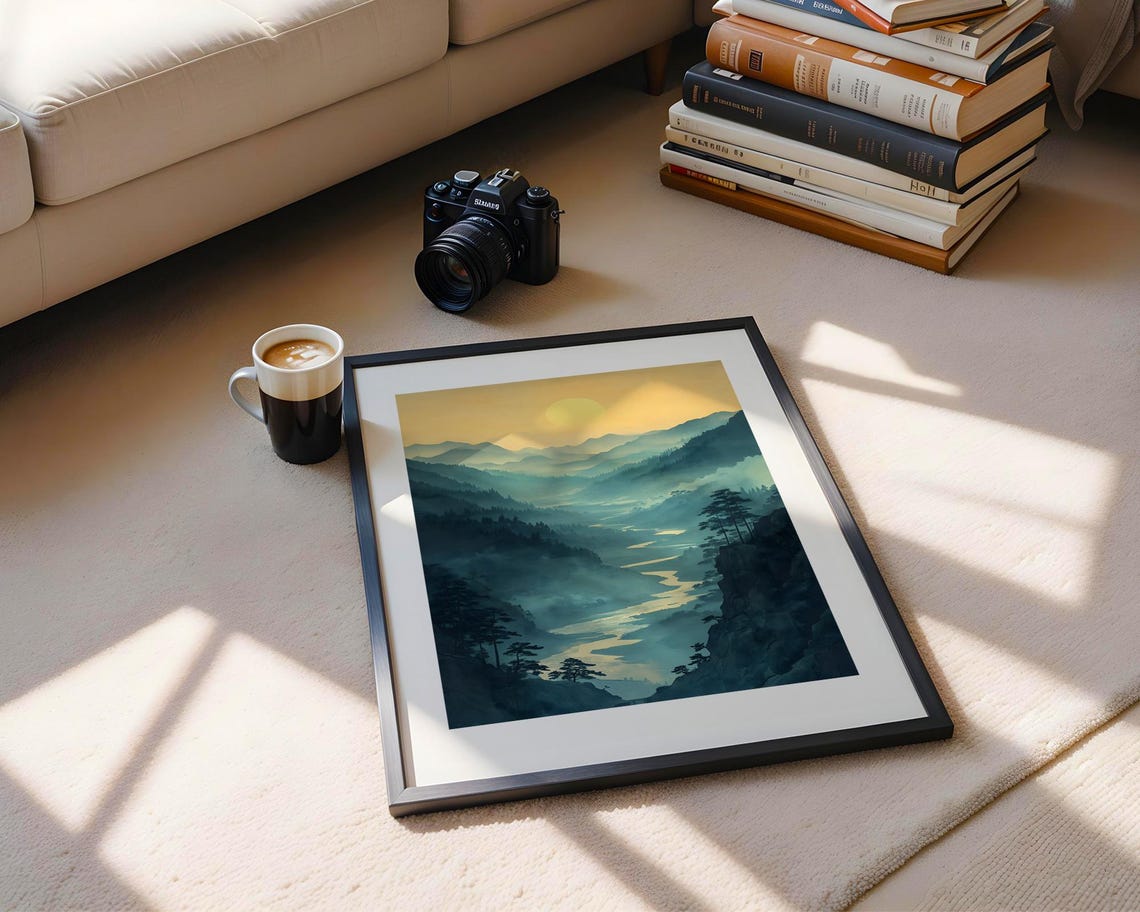Misty Mountain Valley River Watercolor Landscape Artwork Poster - Image 5
