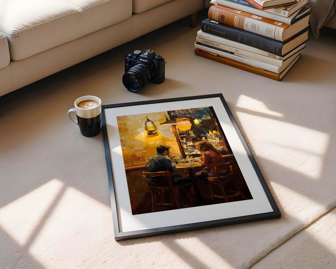 Romantic Couple Night Bar Warm Lamp Light Intimate Oil Painting Poster - Image 5