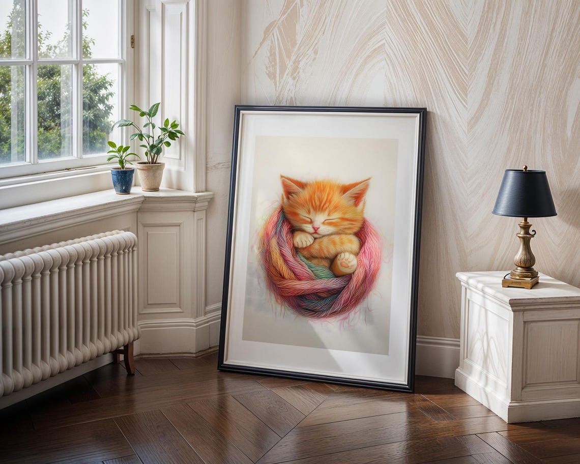Cute Sleeping Orange Kitten Curled in Rainbow Yarn Ball Poster - Image 5