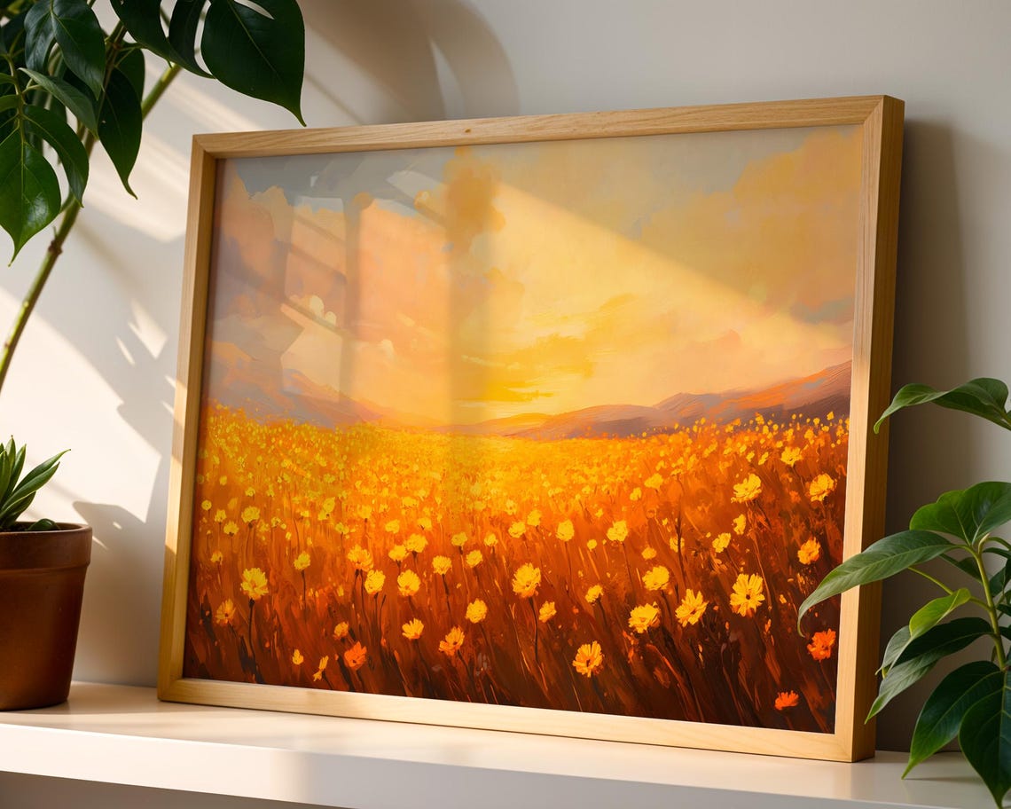 Golden Wildflower Field Blazing Sunset Warm Landscape Art Poster - Image 4