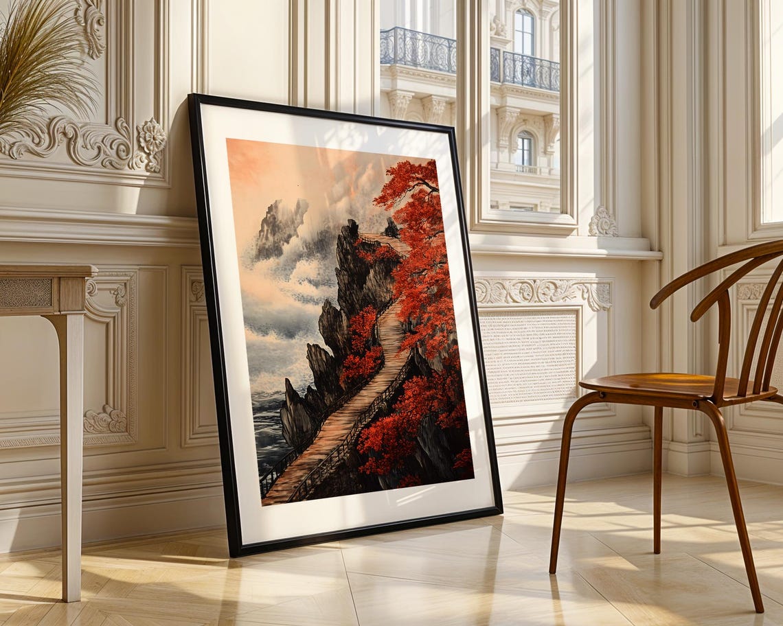 Autumn Cliff Path with Red Maples Painting Poster in Ink Style - Image 3