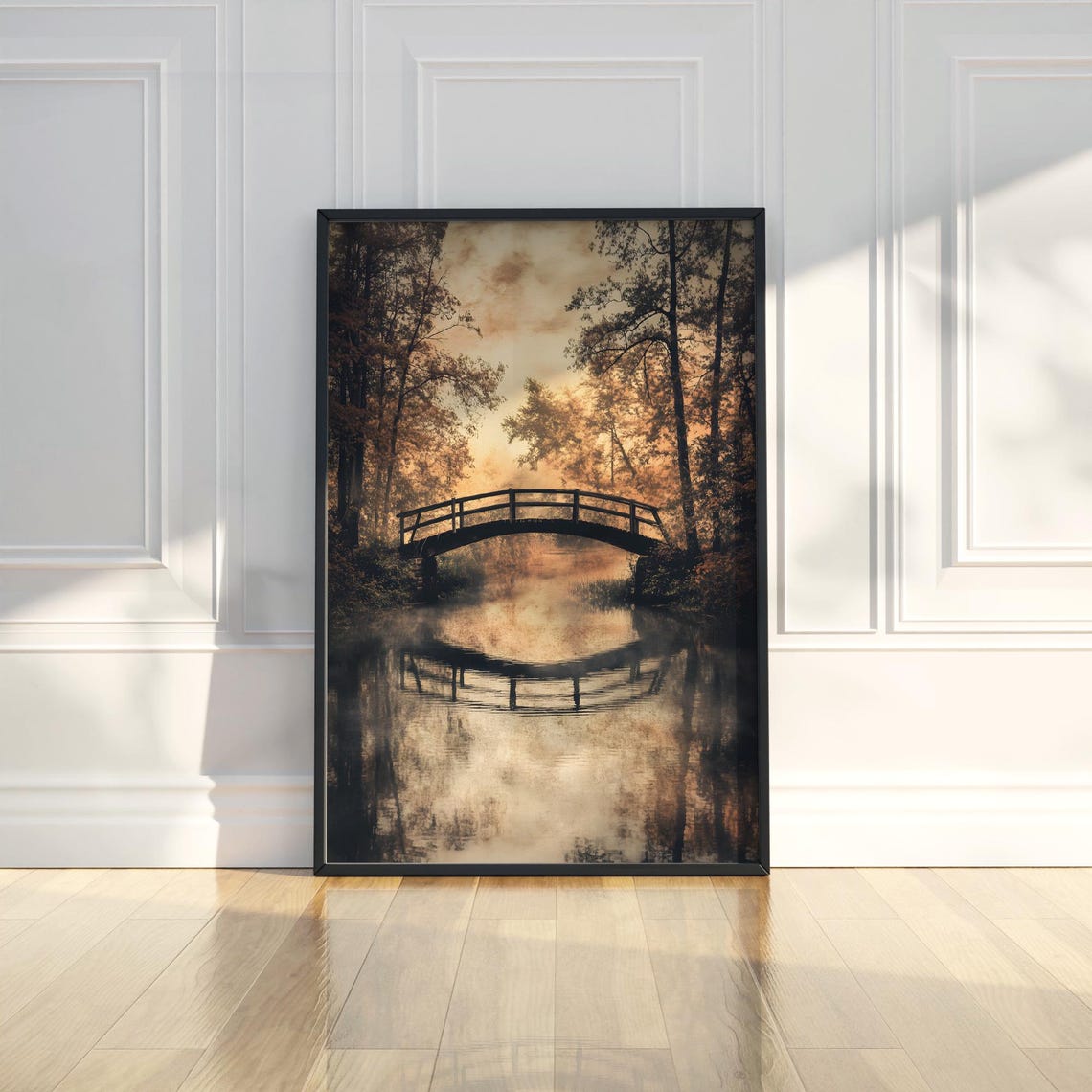 Moody Autumn Bridge Forest Lake Reflection Vintage Art Poster