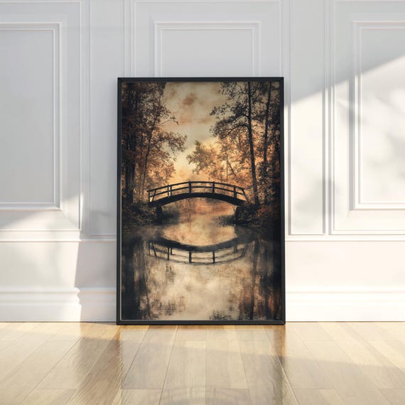 Moody Bridge Autumn Fall Forest River Lake Painting Retro Poster Wall Art Print Modern Home Decor Artwork Gift