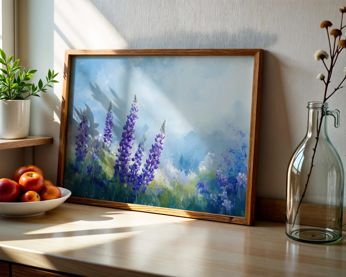 Tall Purple Lupines Blue Sky Impressionist Wildflower Meadow Poster - Image 3