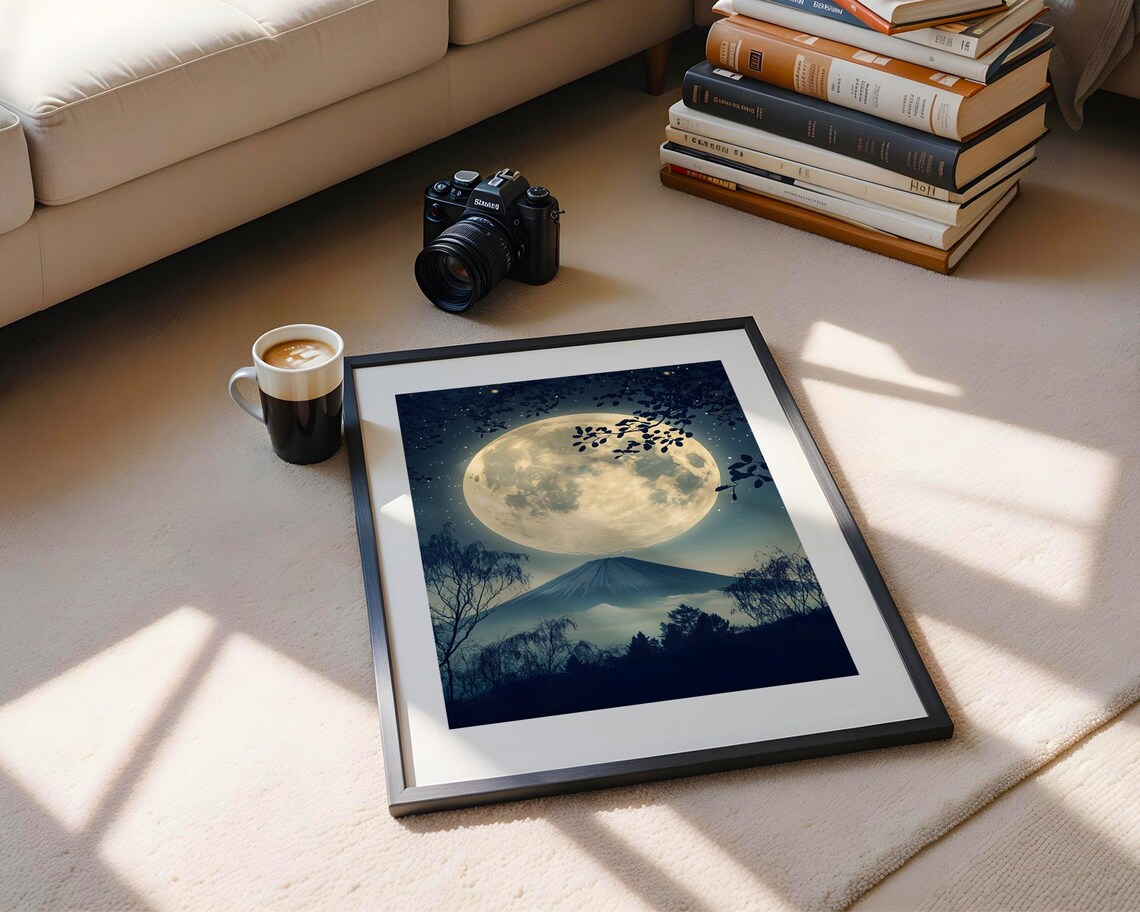 Japan Full Moon Rising Over Mount Fuji Night Sky Scene Poster - Image 5