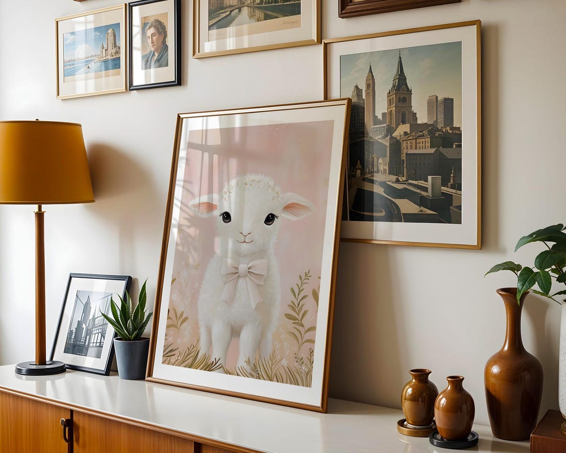 Cute Lamb Pink Bow Nursery Baby Room Decor Art Trendy Wall Prints Print Poster - Image 4