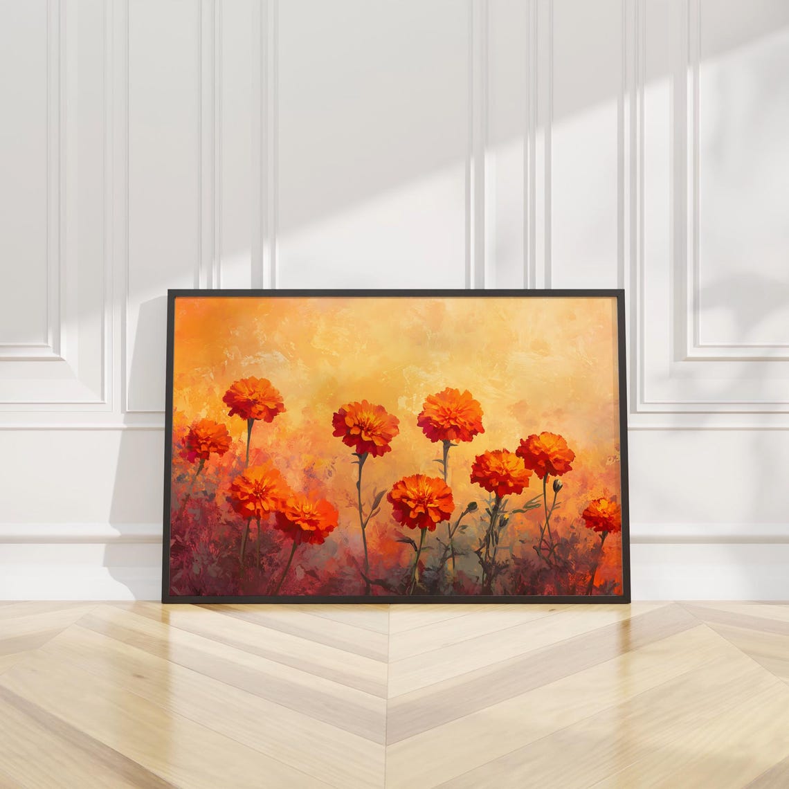 Burnt Orange Marigolds Golden Glow Textured Floral Oil Painting Poster