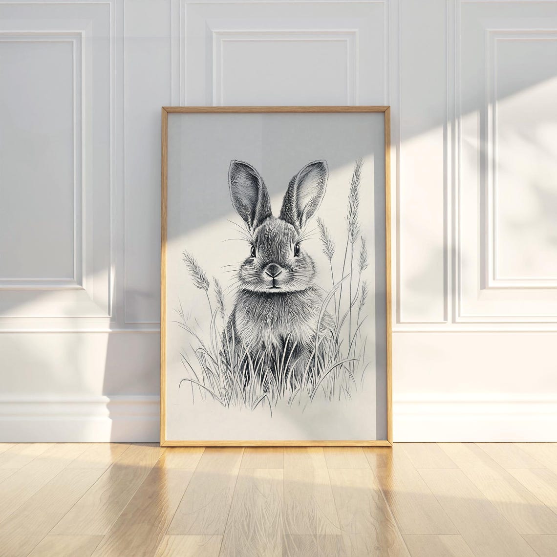 Minimalist Cute Easter Bunny Nursery Line Art Drawing Sketch Wall Print Black White Modern Home Kids Room Decor Gift