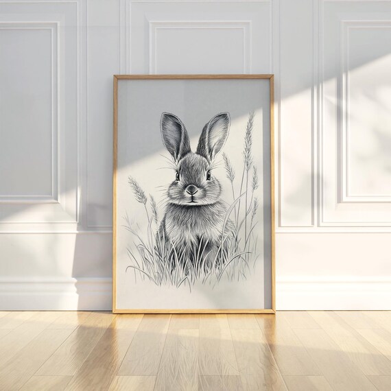 Cute Gray Bunny Pencil Sketch Grass Woodland Animal Art Poster