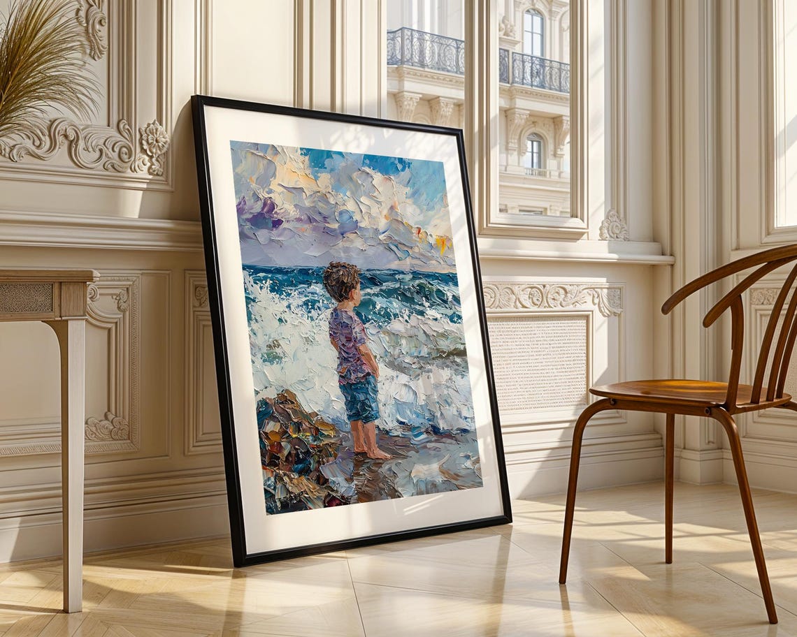 Boy Watching Ocean Waves Textured Impasto Coastal Oil Art Poster - Image 3