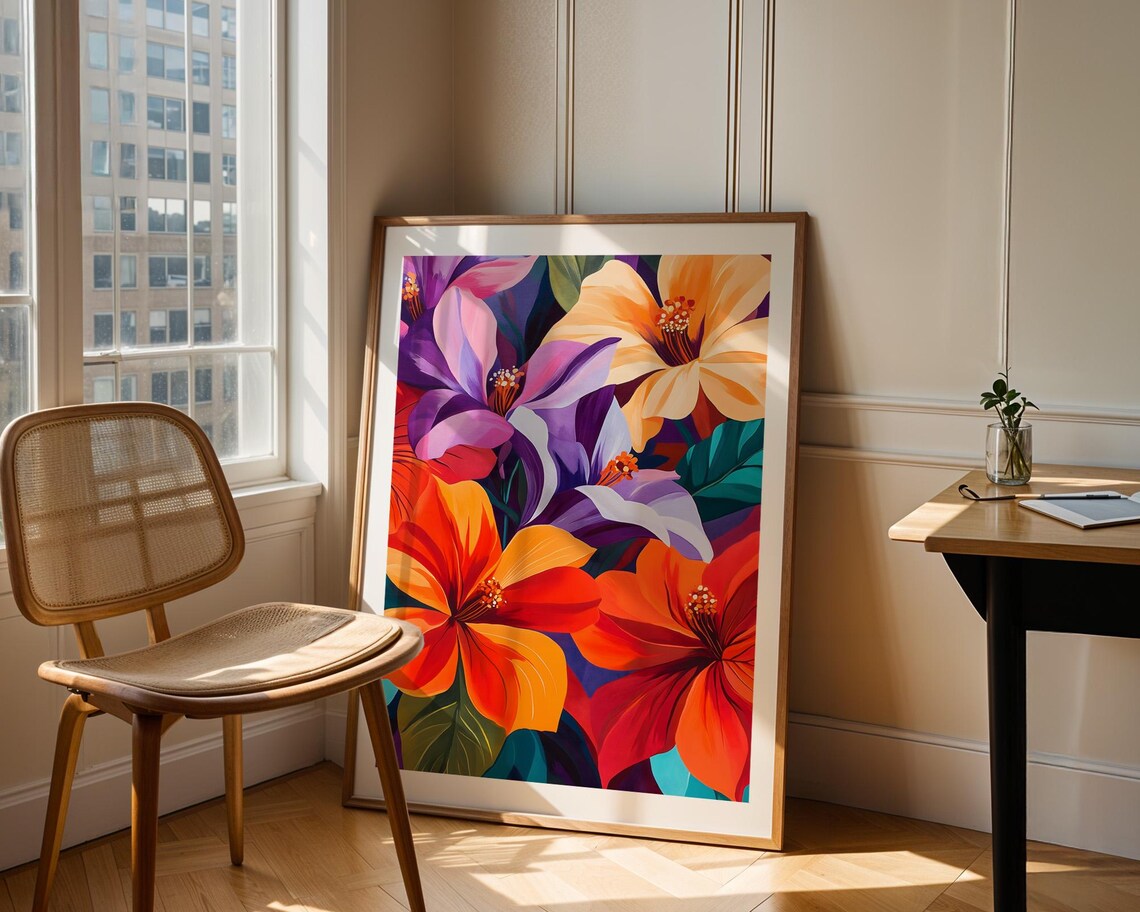 Bold Tropical Hibiscus Flowers in Red Orange Purple Art Poster - Image 3