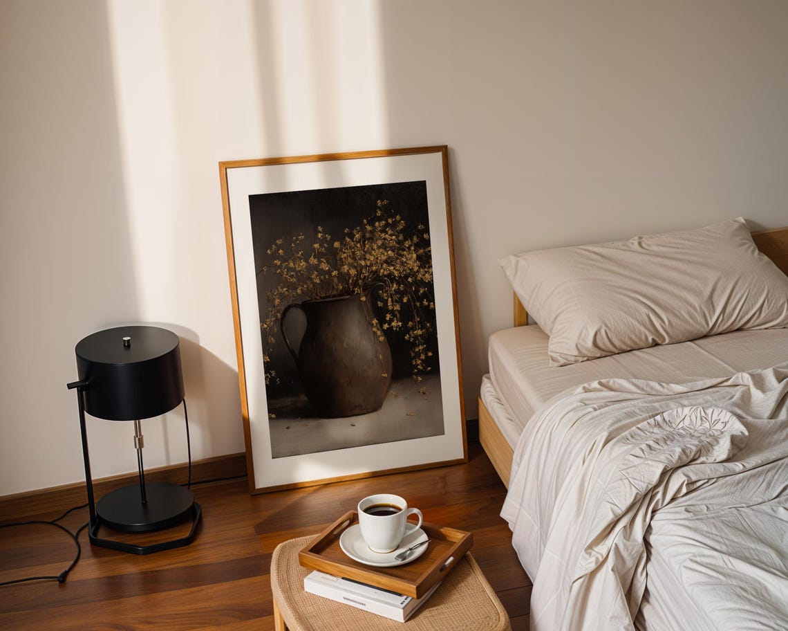 Dark Rustic Vase with Golden Dried Wildflowers Moody Oil Poster - Image 2