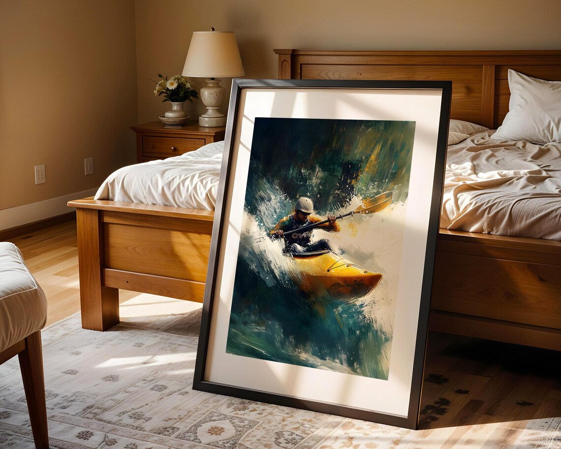 Colorful Whitewater Kayaker Yellow Kayak Rapids Sports Print