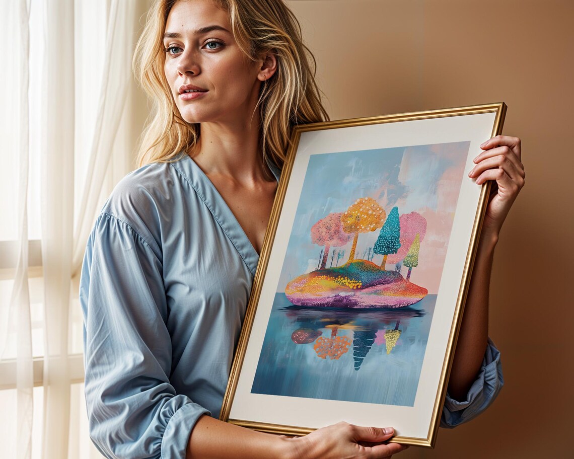 Whimsical Colorful Island Trees Reflecting in Water Art Poster - Image 2