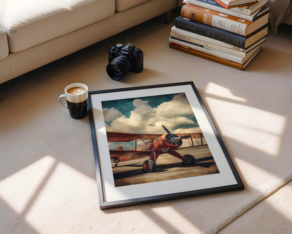 Vintage Red Biplane On Airfield Retro Aviation Painting Poster - Image 5