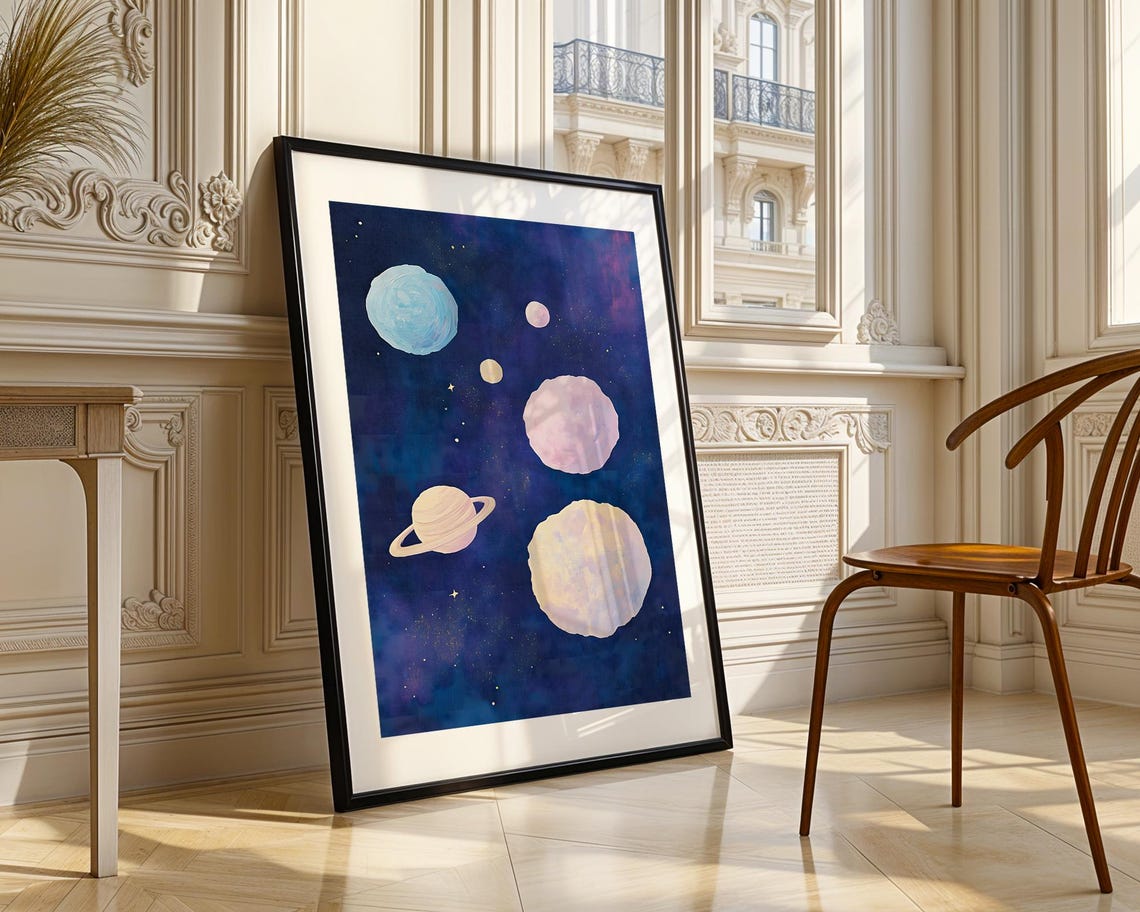 Dark Blue Abstract Nursery Space Planets Stars Night Sky Poster - Image 3
