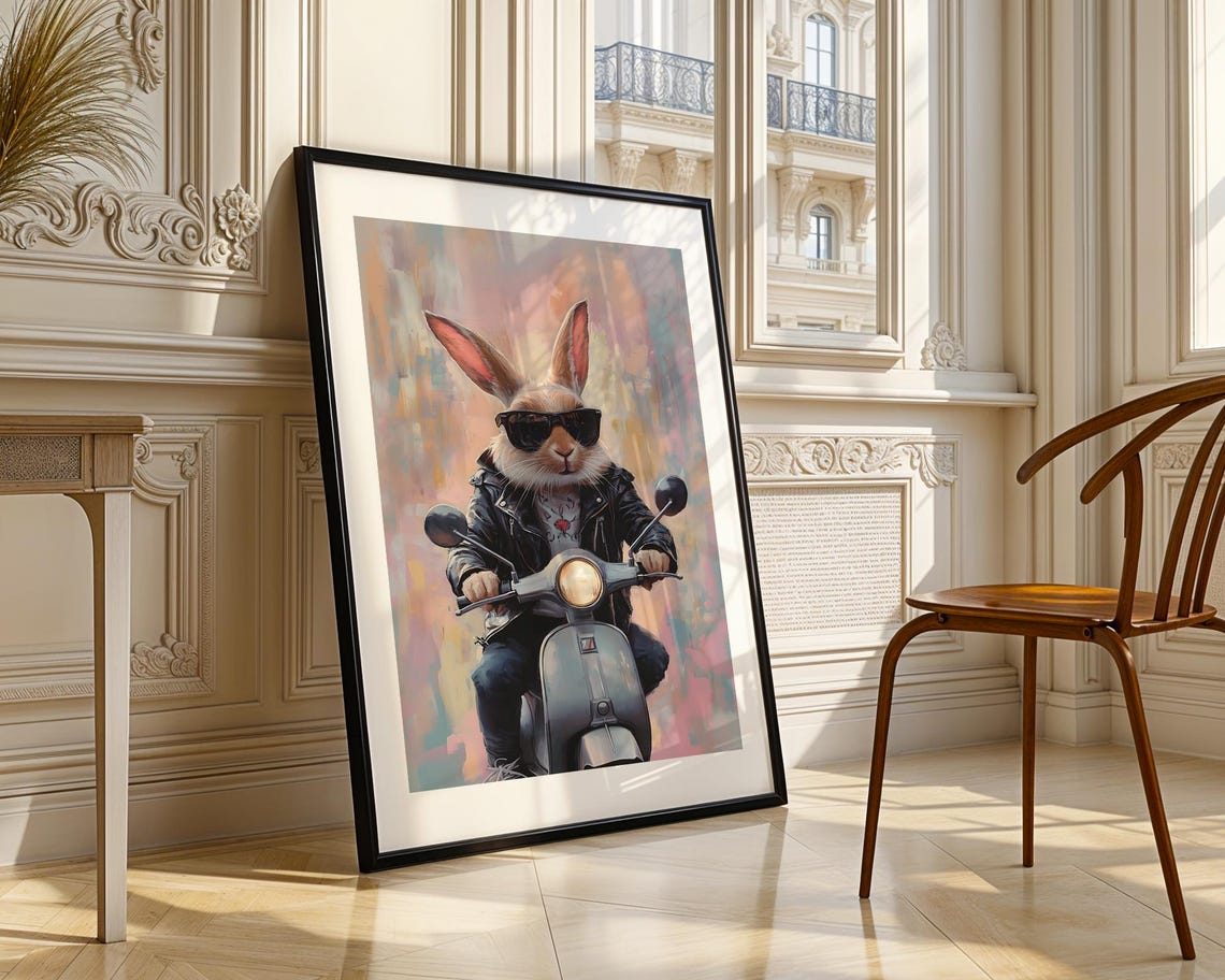 Cool Rabbit Leather Jacket Scooter Art Trendy Wall Room Decor Animal Prints Print Poster - Image 3