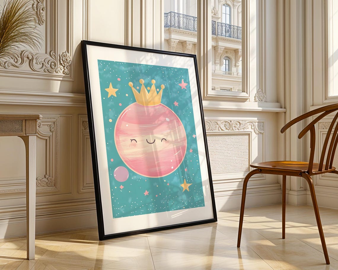 Cute Smiling Pink Planet Gold Crown Nursery Starry Art Poster - Image 3