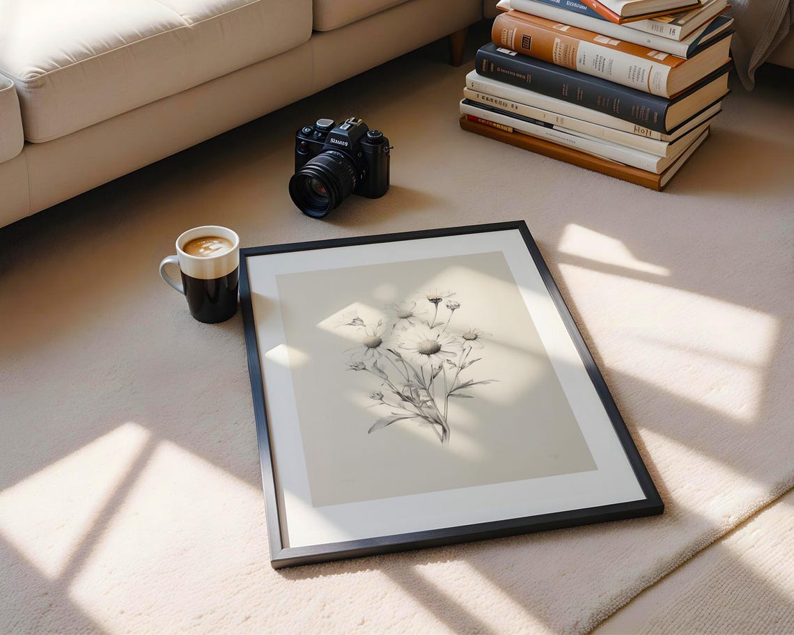 Daisy Bouquet Botanical Pencil Sketch Monochrome Flower Poster - Image 5