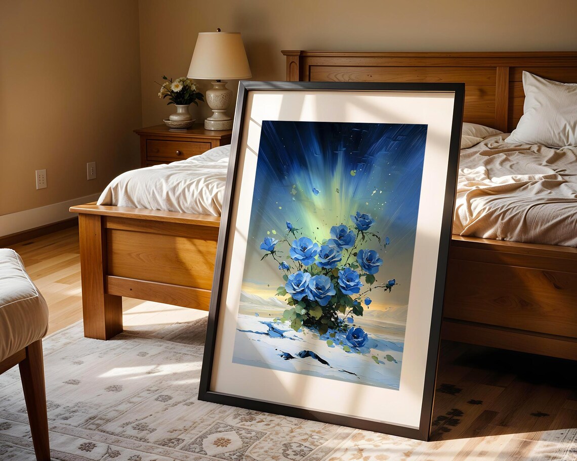 Blue Roses Snowy Night Aurora Borealis Winter Oil Painting Poster - Image 4