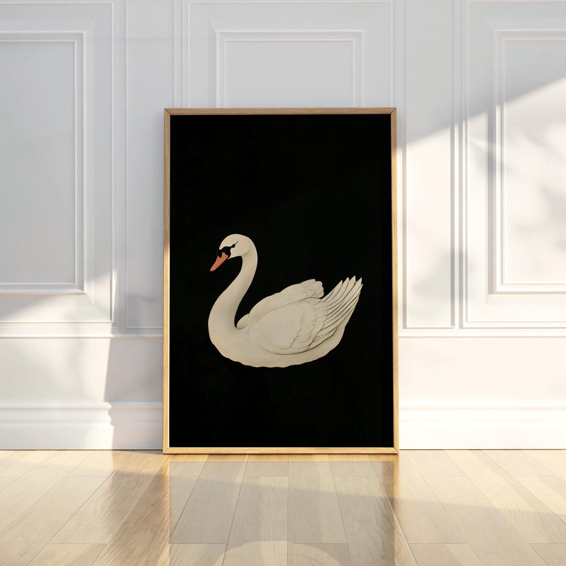 Vintage White Swan Black Background Elegant Bird Painting Poster
