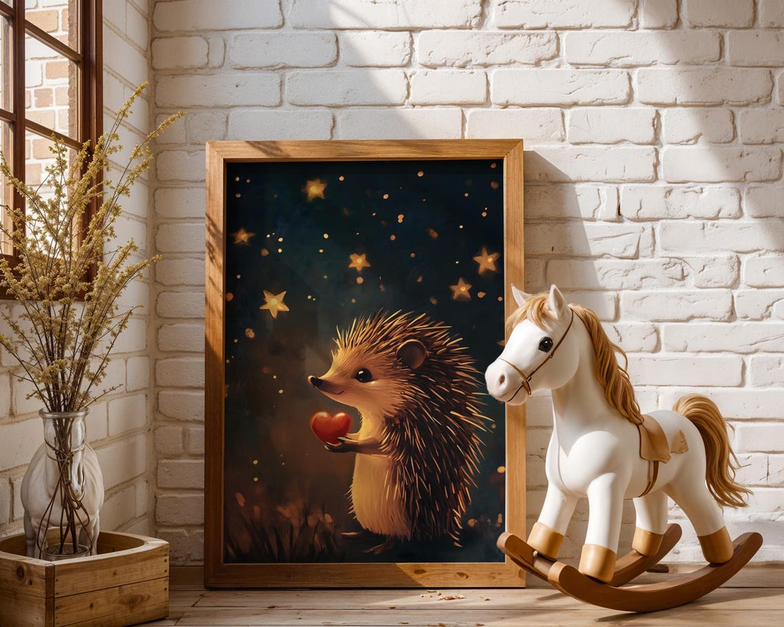 Cute Hedgehog Holding Red Heart Under Starry Night Sky Poster - Image 2