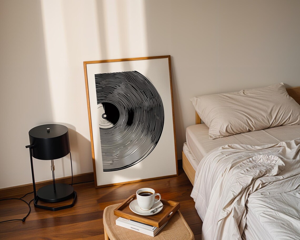 Vinyl Record Close Up Modern Black And White Line Art Music Poster - Image 3