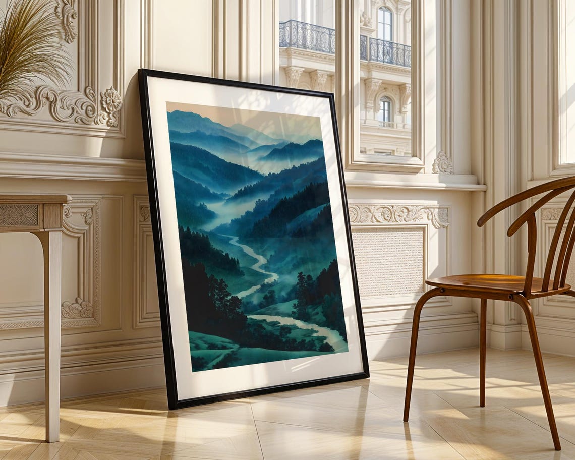 Misty Teal Mountain Valley River Winding Landscape Nature Poster - Image 4