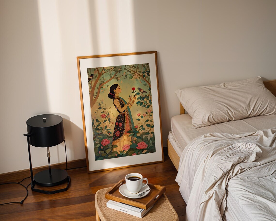 Beautiful Indian Woman Rose Garden Birds Traditional Art Print - Image 2