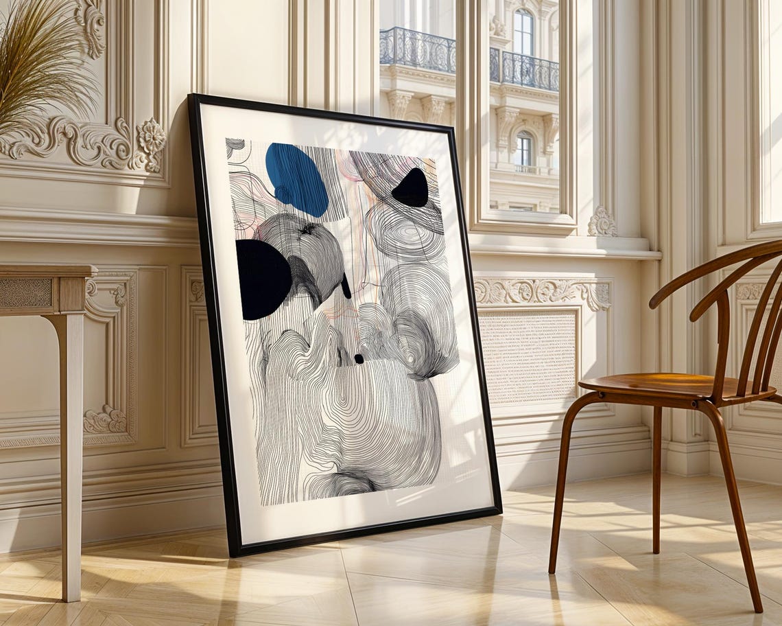 Monochrome Line Waves Abstract Minimalist Contemporary Art Poster - Image 3
