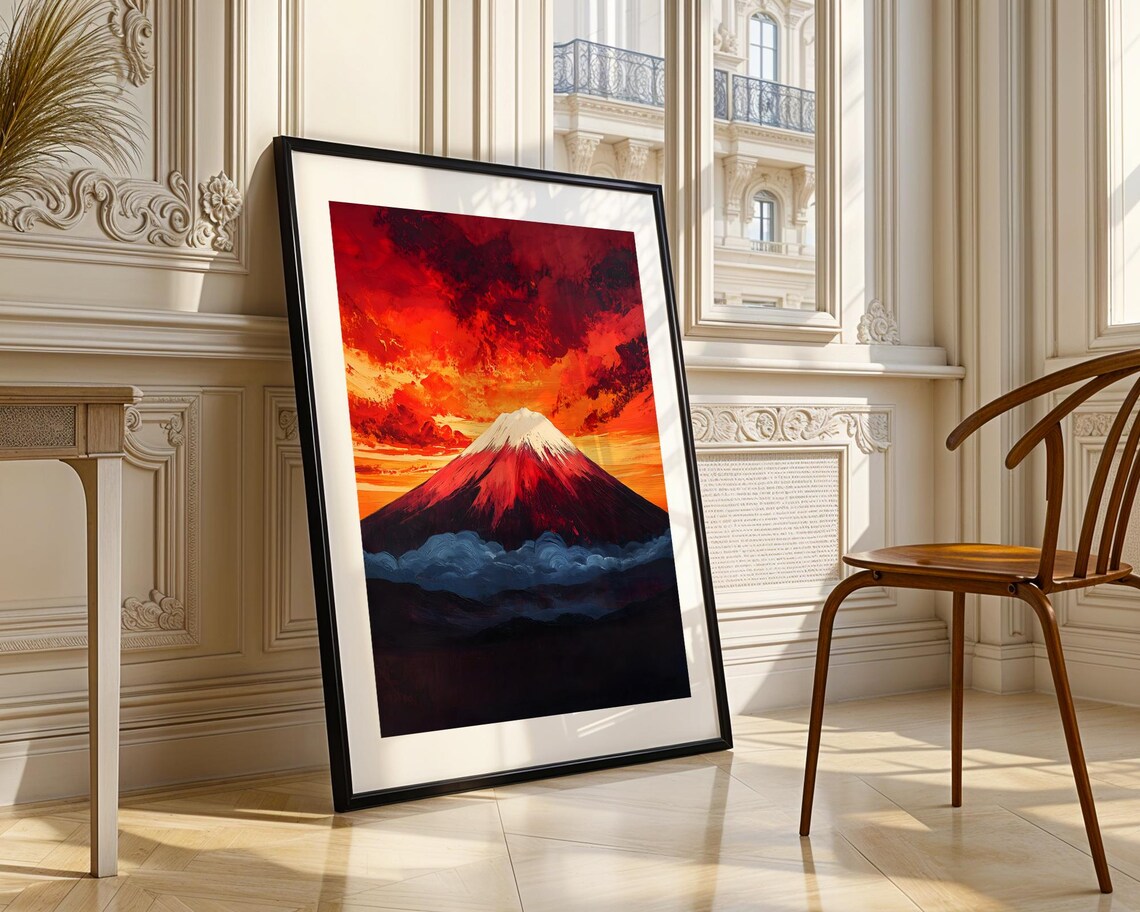 Fiery Mount Fuji Sunset Red Sky Japanese Mountain Painting Poster - Image 4
