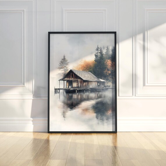 Misty Lake Boathouse Watercolor Calm Nature Serene Cabin Poster