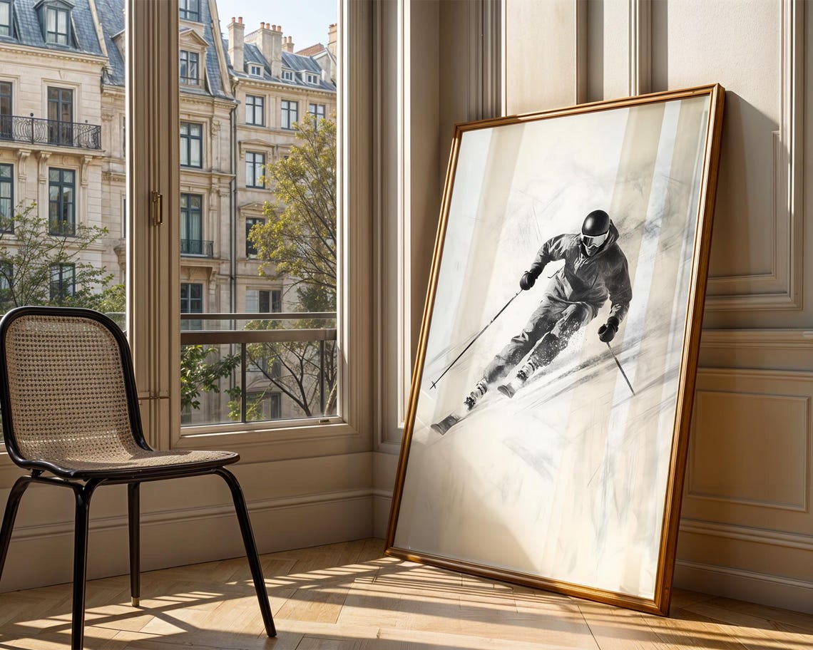 Speedy Dynamic Downhill Skier Black And White Sketch Sports Poster - Image 4