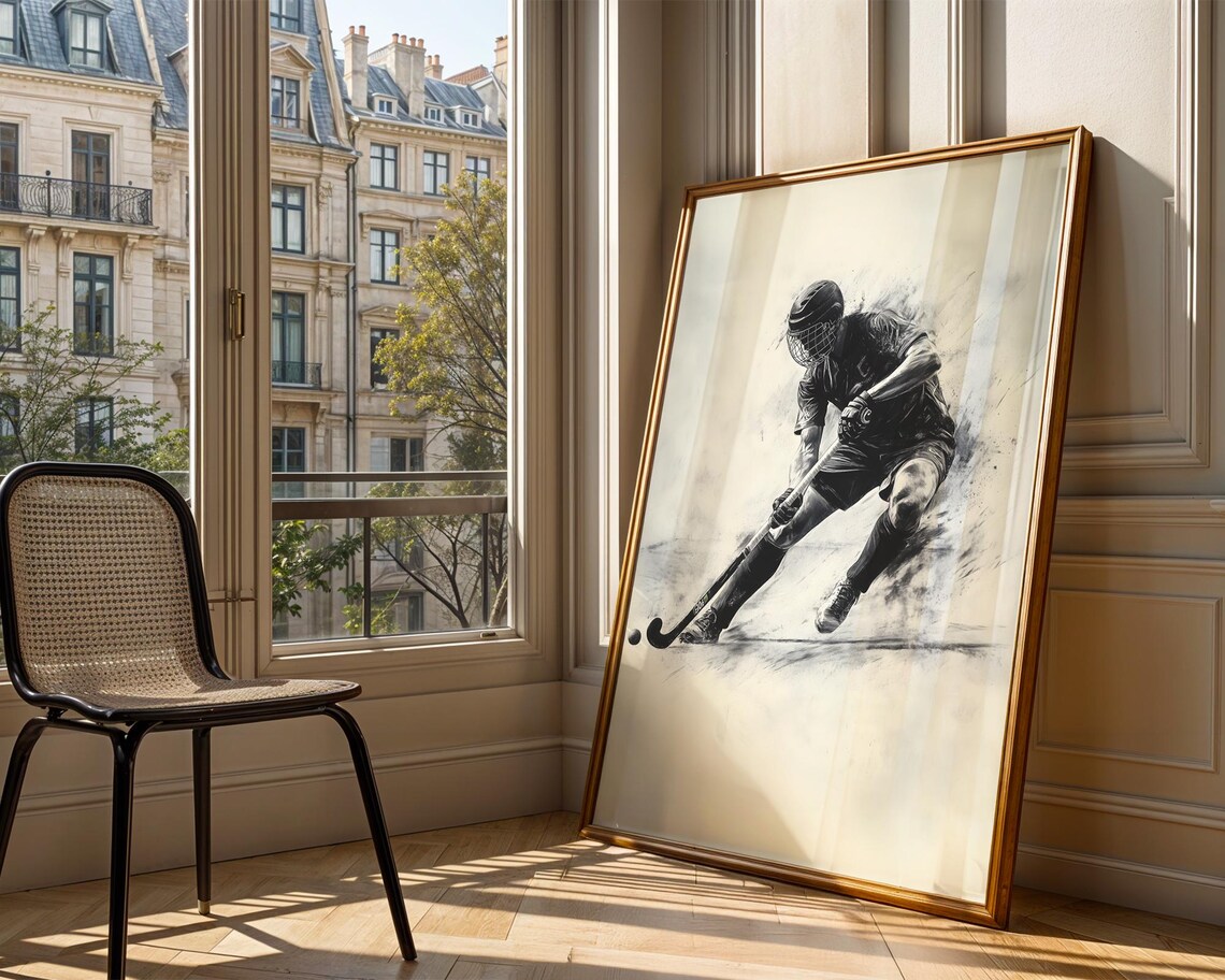Field Hockey Player Striking Ball Monochrome Sketch Sports Poster - Image 3