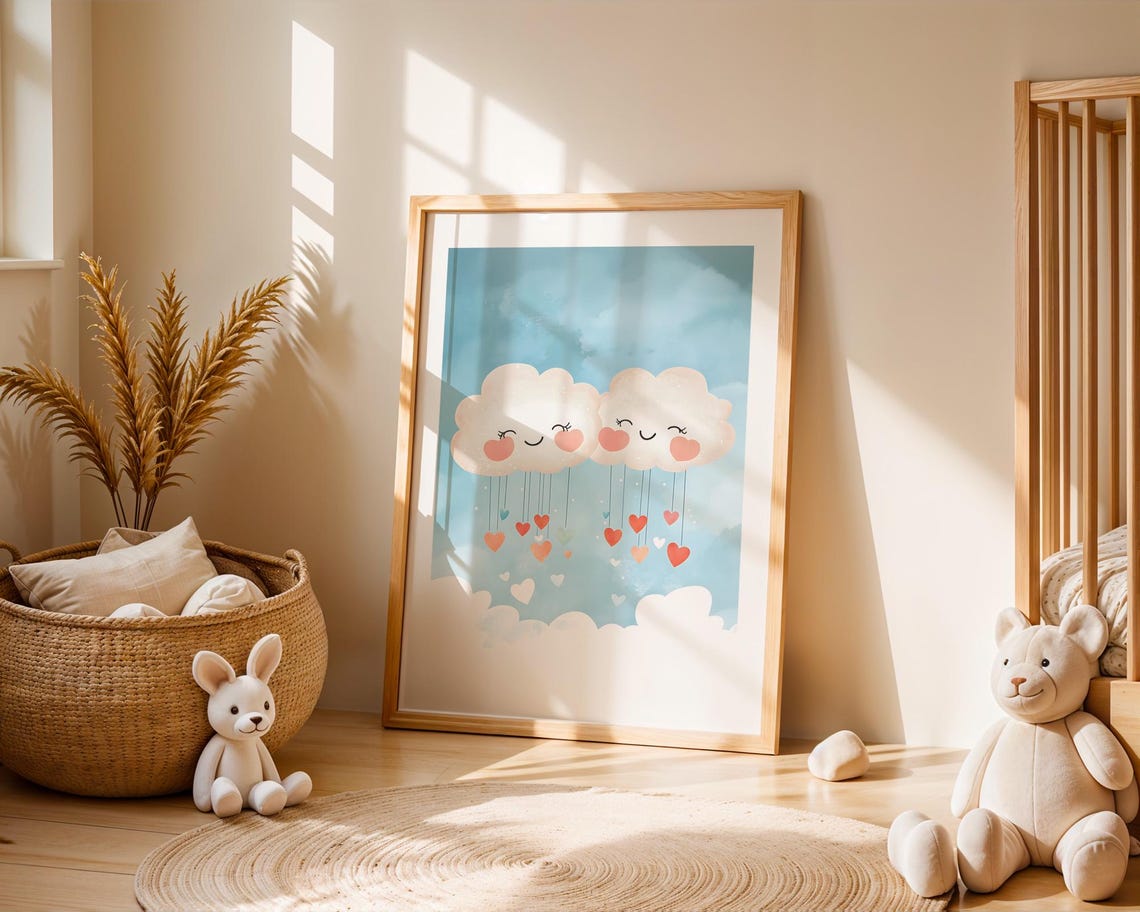 Happy Clouds Raining Hearts Cute Whimsical Nursery Art Poster - Image 4