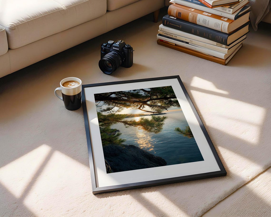 Golden Hour Sunset Over Water Pine Branches Lake Photo Poster - Image 5