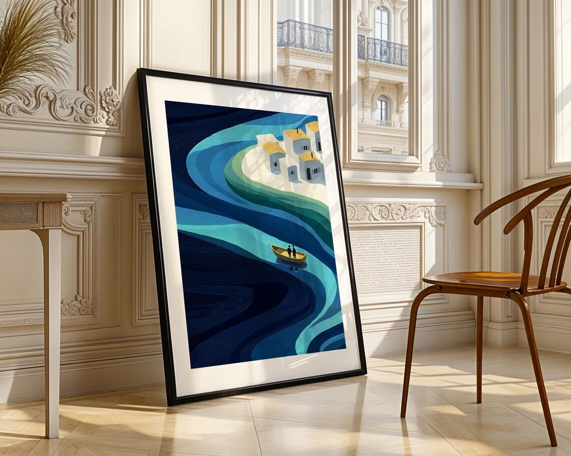 Blue River Boat Coastal Village Houses Minimalist Style Poster - Image 3