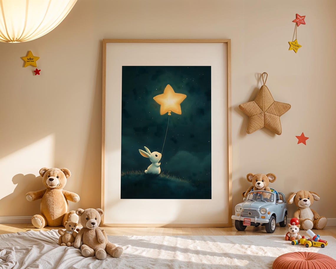 Cute Bunny Holding Glowing Star Balloon Night Nursery Poster - Image 3