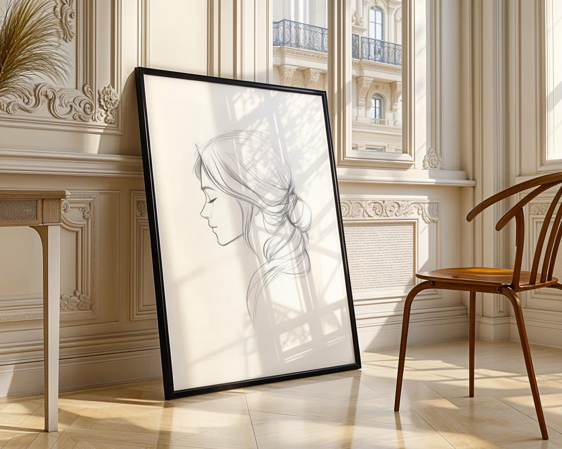Serene Woman Profile Minimalist Pencil Sketch Line Drawing Poster - Image 3