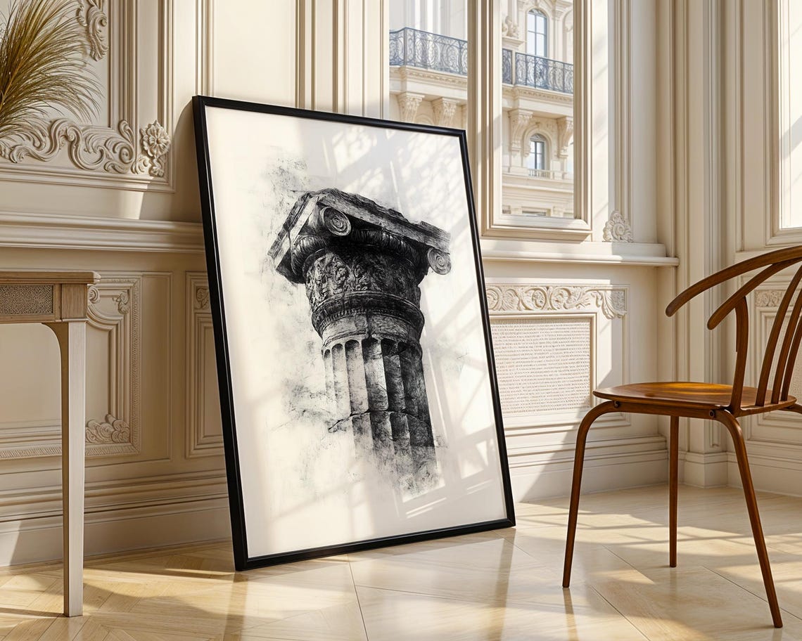 Ancient Stone Column Capital Black Ink Architectural Sketch Art Poster - Image 4