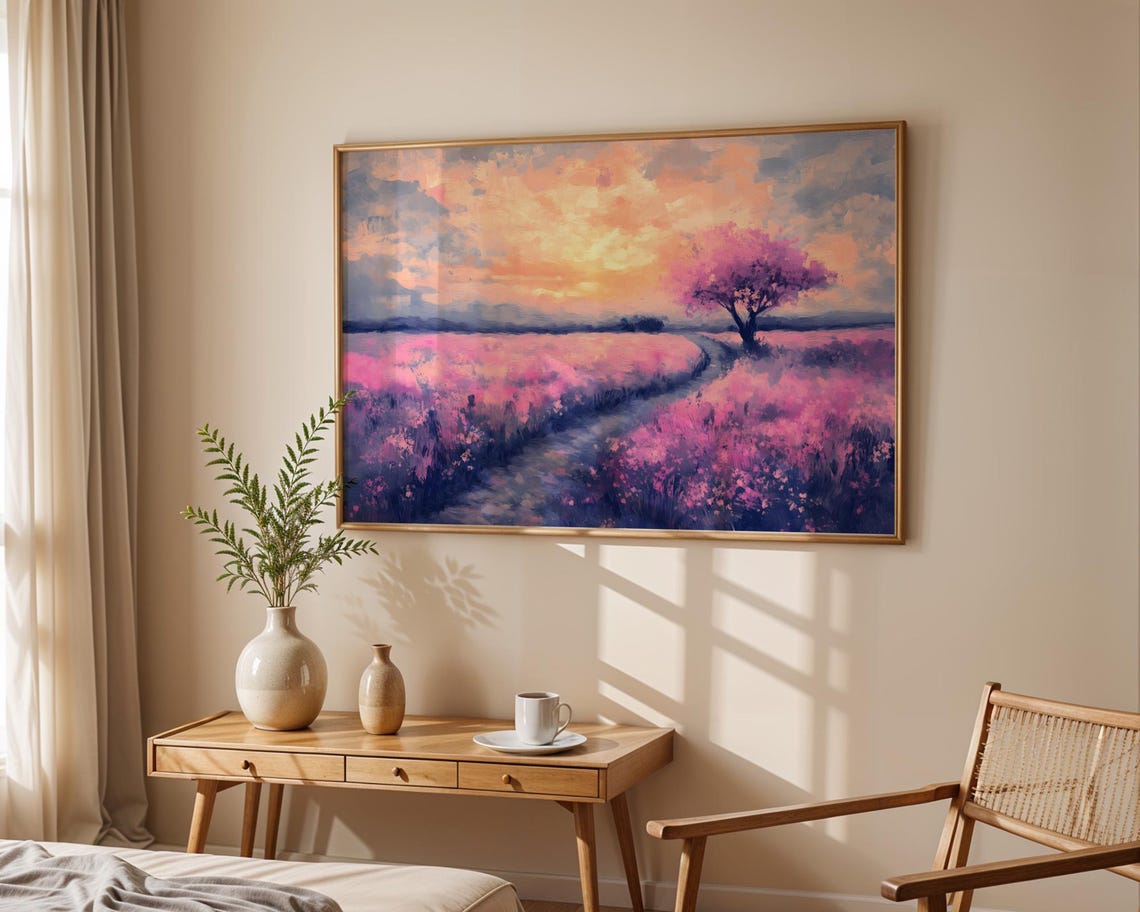 Pink Blossom Tree Winding Path Sunset Meadow Pastel Landscape Poster - Image 6