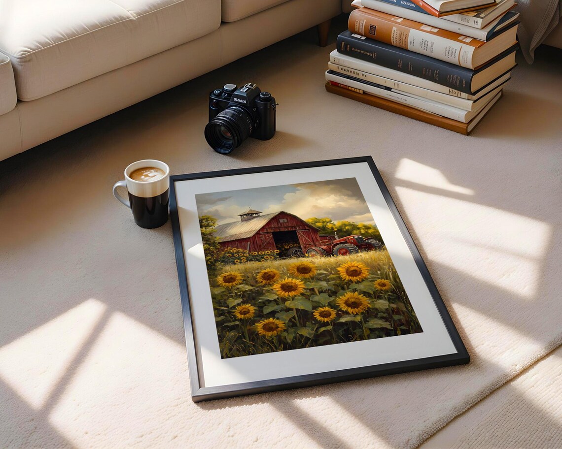Sunflower Field Red Barn Tractor Farm Landscape Painting Poster - Image 5