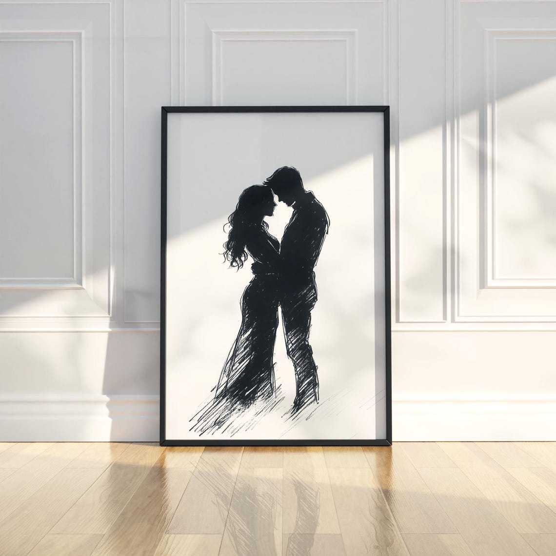 Romantic Couple Silhouette Embracing Minimalist Love Sketch Poster