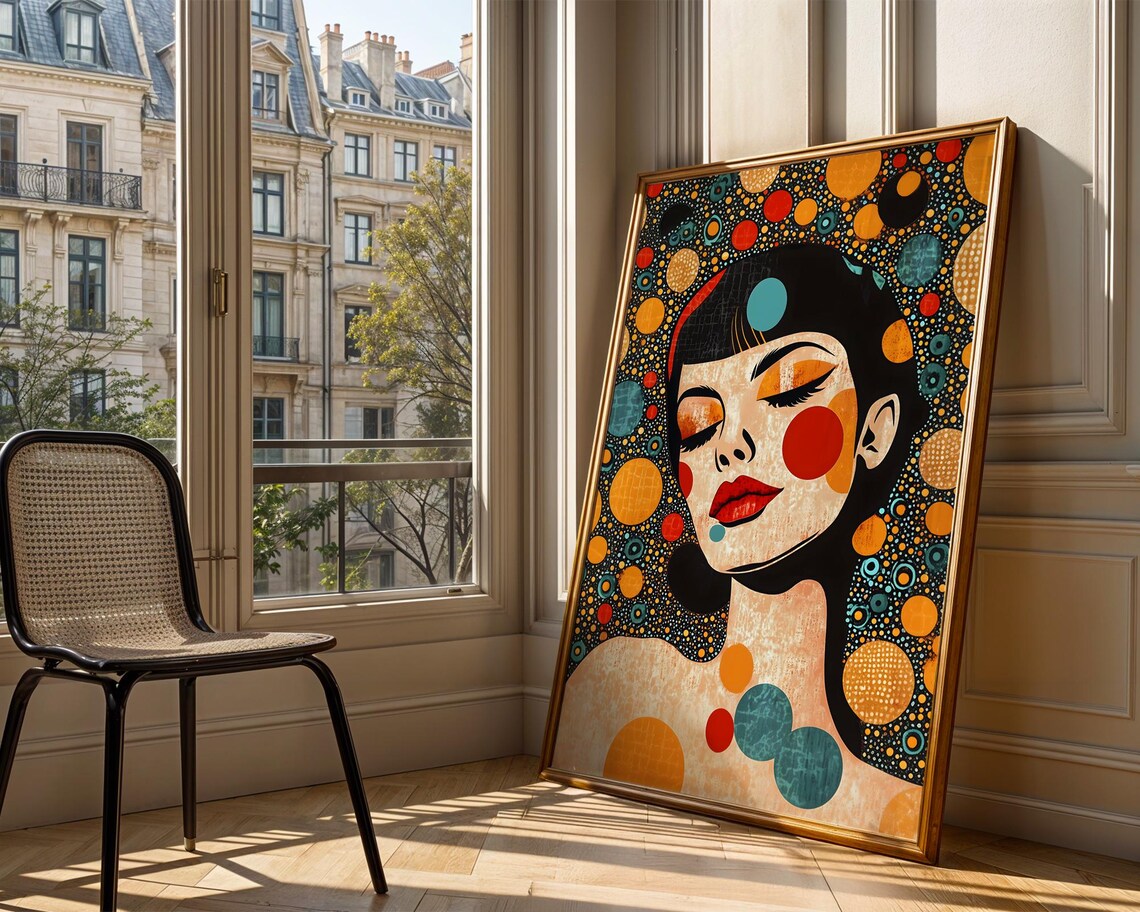 Pop Art Stylized Woman Face Colorful Polka Dot Fashion Art Print - Image 3